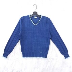 Blue Willi's Sweater Women L Blue Knit Eyelet Lettuce Hem V-Neck Pullover Preppy